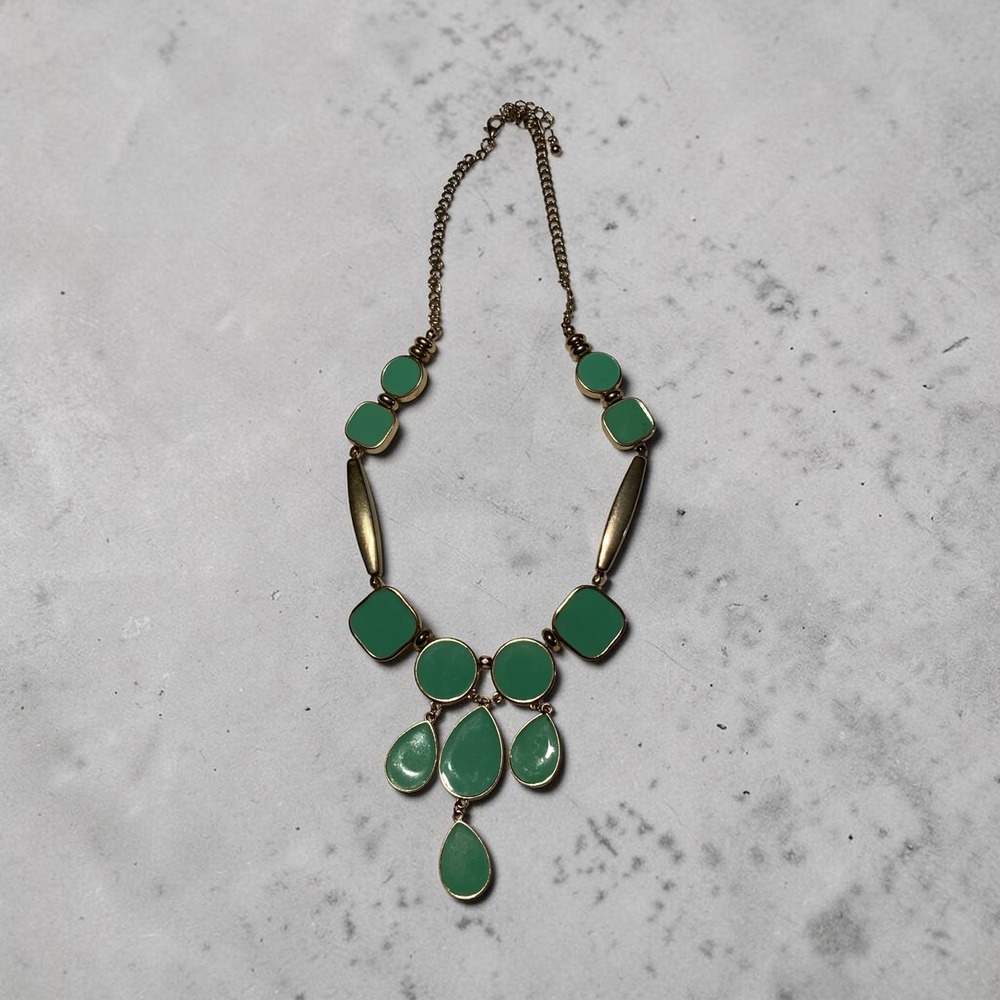 Green Enamel Gold Tone Geometric Bib Statement Necklace Teardrop Drop Charm
